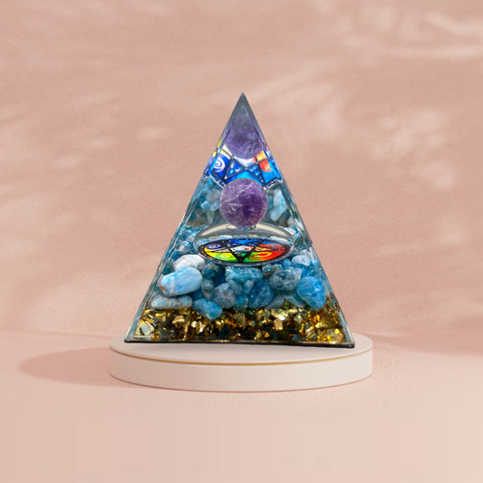 Pyramide orgonite en agate bleue & améthyste
