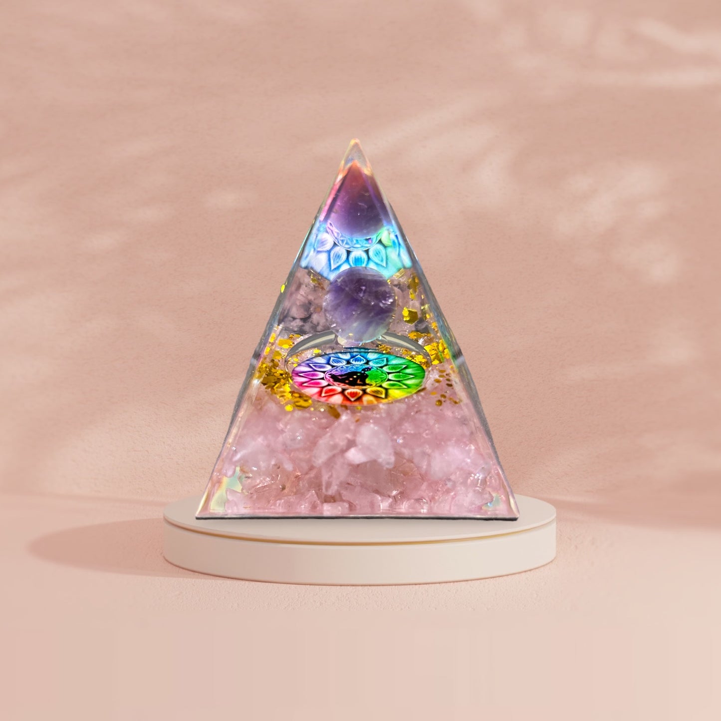 Pyramide orgonite en améthyste & quartz rose