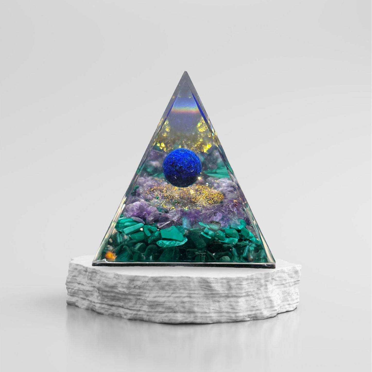 Orgonite pyramid in amethyst, lapis lazuli &amp; malachite