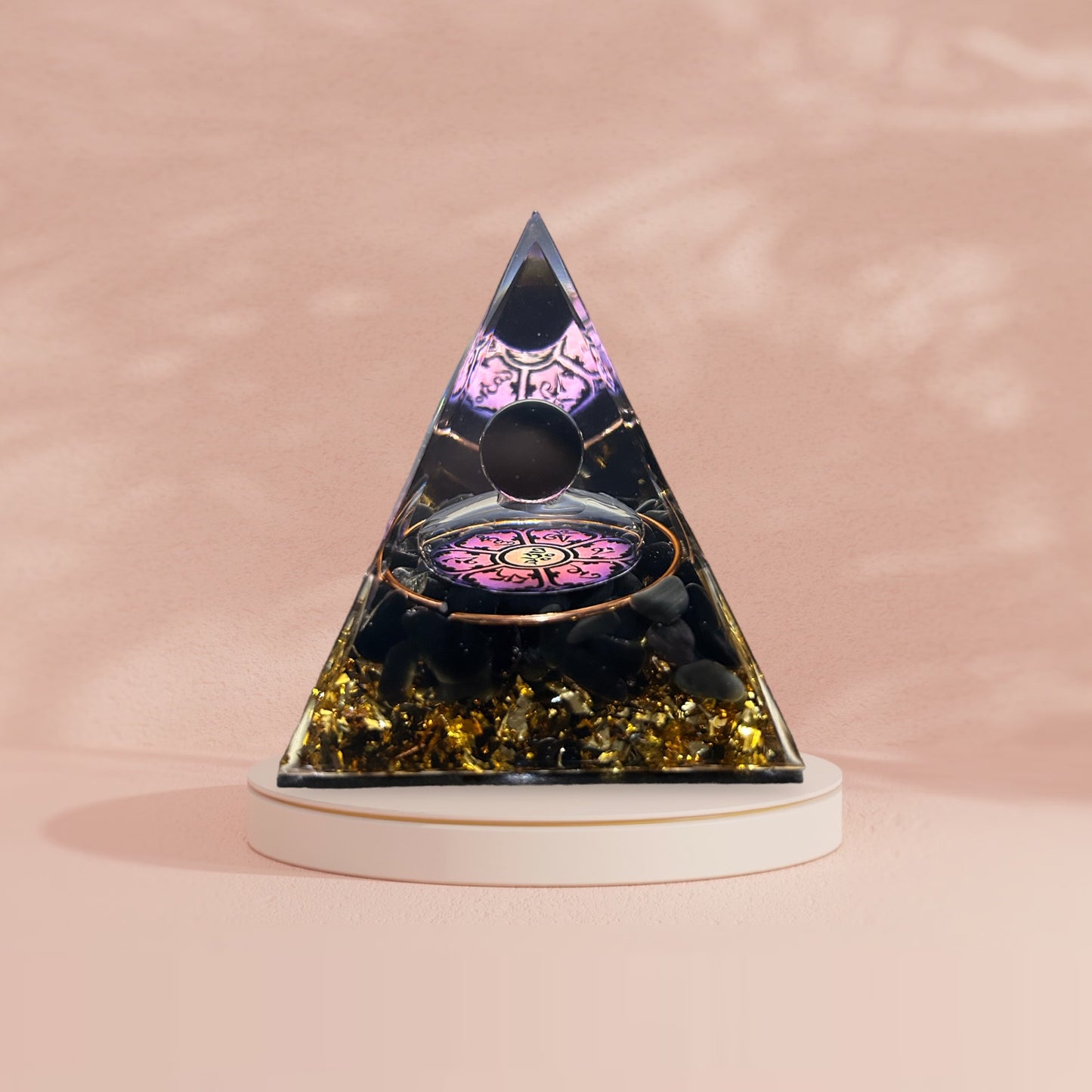 Pyramide orgonite en obsidienne & quartz fumé